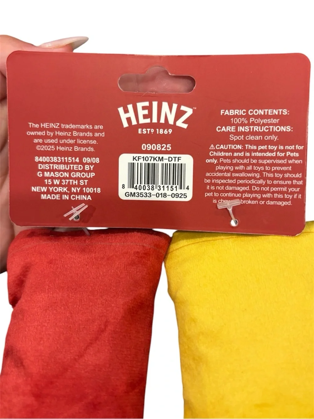 Heinz Plush Cat Toys - Yellow Mustard & Tomato Ketchup NEW